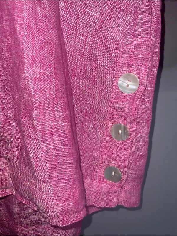 Tahari Pink Linen V-Neck Tunic with Button Side Tabs Medium - Image 3