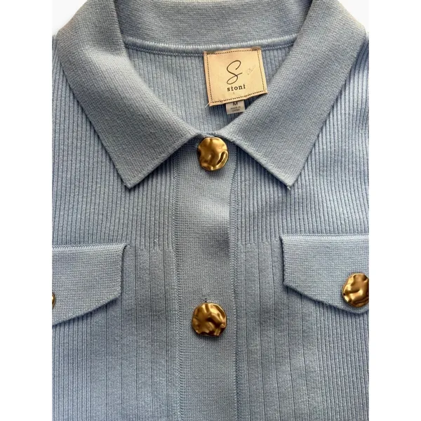 Sioni Light Blue Ribbed Knit Cardigan Gold Hammered Button Sweater Jacket Medium - Image 3
