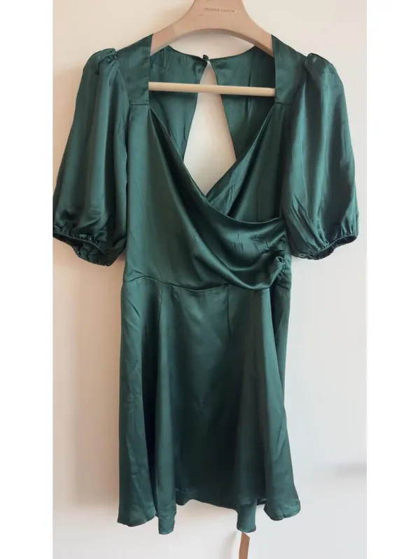 Reformation 100% Silk Emerald Green Puff Sleeve Open Back Mini Dress 10 - Image 3