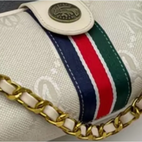 Monogram Chain Shoulder Bag Cream Gold Stripe Crossbody Clutch NIP - Image 5