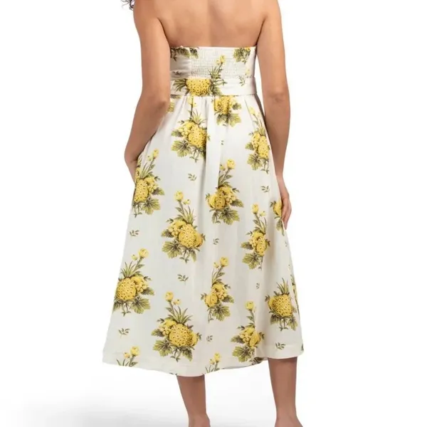 TAHARI Linen Blend Vintage Pineapple Strapless Midi Dress Cream Yellow 8 NWT - Image 2