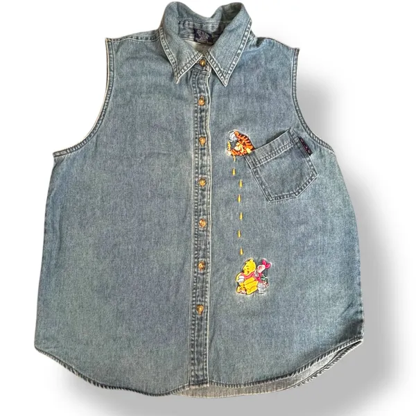 Vintage‎ Disney Pooh Chambray Denim Shirt Tigger Piglet Embroidery Button Front - Image 9