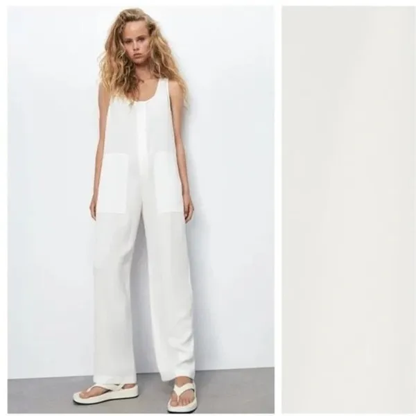 ✨Zara Jumpsuit White Long Flowy Sz XS Oversized Overalls✨ - Image 2