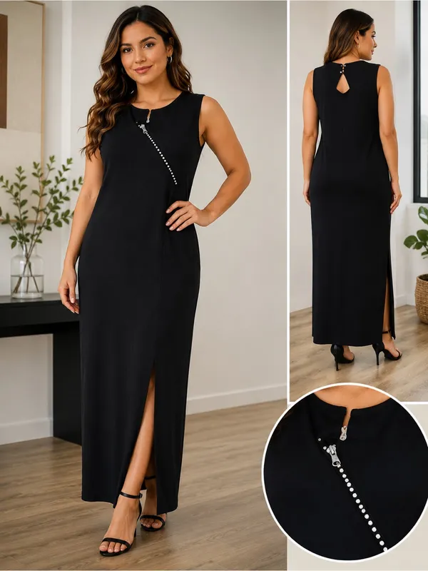 Adriana New York Black Sleeveless Maxi Dress with Rhinestone Diagonal Detail - Image 2