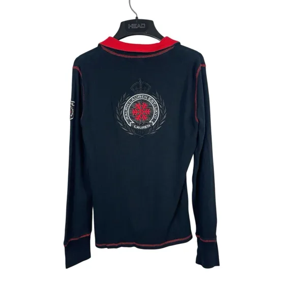Y2K Lauren Ralph Lauren Blck Patch Embroidered Long Sleeve Waffle Henley Top PL - Image 2