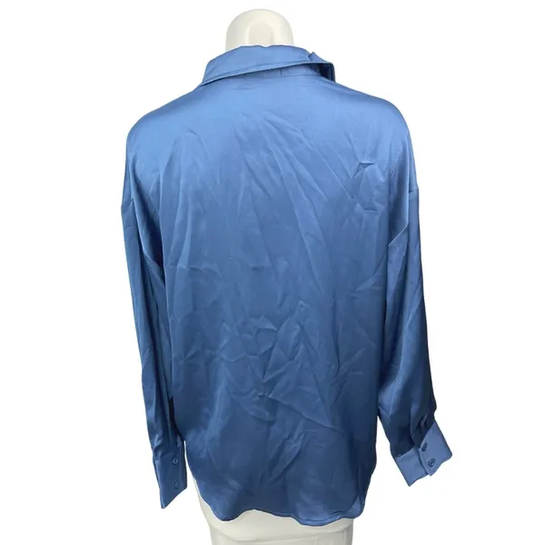 Vici Women's Blue Silk Satin Button Down Collar Long Sleeve Shirt Blouse Top S - Image 2