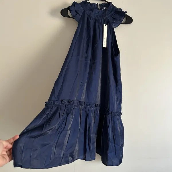 NWT Pinch Boutique Dress Small‎ Navy Blue Ruffle Neck And Trim Holiday Preppy - Image 3