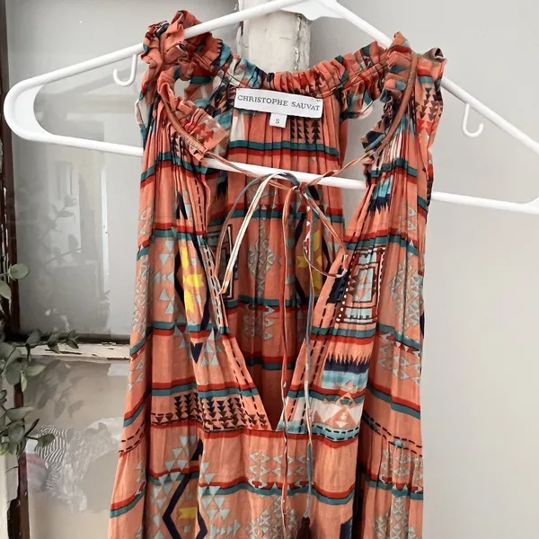Christophe Sauvat Boho Southwestern Geometric Tassel Rust Maxi Dress Size S‎ - Image 4