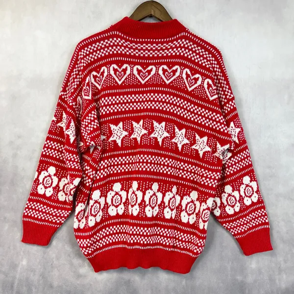 Vintage Fair Isle Sweater Womens M/L Hearts Stars Flowers Indie Nordic Cabin USA - Image 3