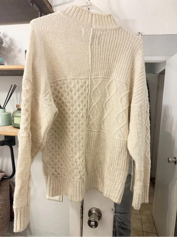 American Eagle Outfitters Cream Cable & Patchwork Mock Neck Sweater - Image 4