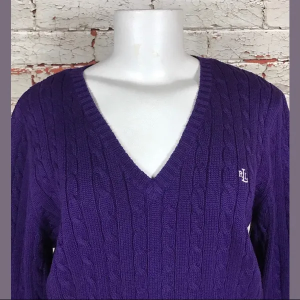 Lauren Ralph Lauren Knit Sweater Purple 100% Cotton V Neck Sz M Heritage Classic - Image 2