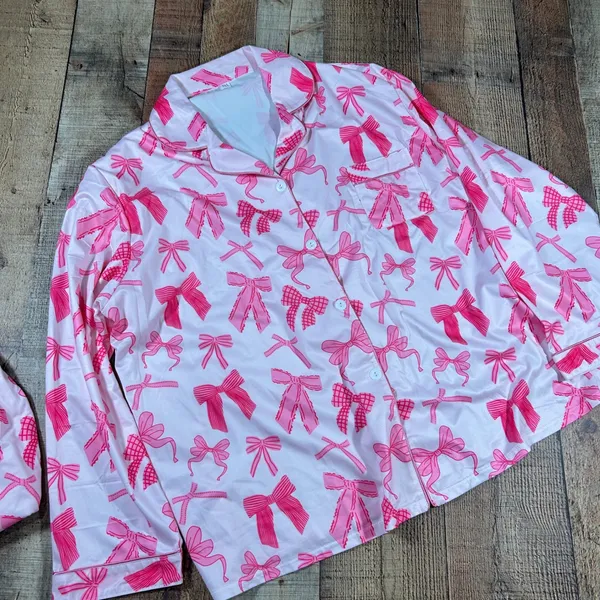 Pink Bow Print Pajama Set Top Pants Long Sleeve Coquette Feminine Plus 2X - Image 3