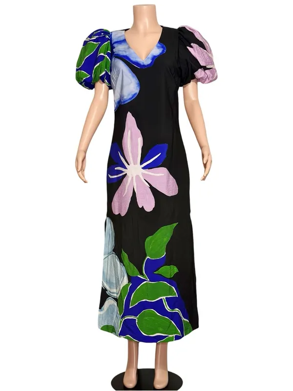 ANTHROPOLOGIE Puff-Sleeve A-Line Maxi Dress, Black Floral, Small - Image 5