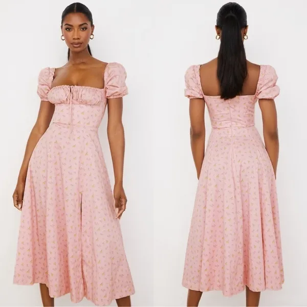 NWOT House of CB Pink Floral Tallulah Puff sleeves midi dress sz XS - Image 2