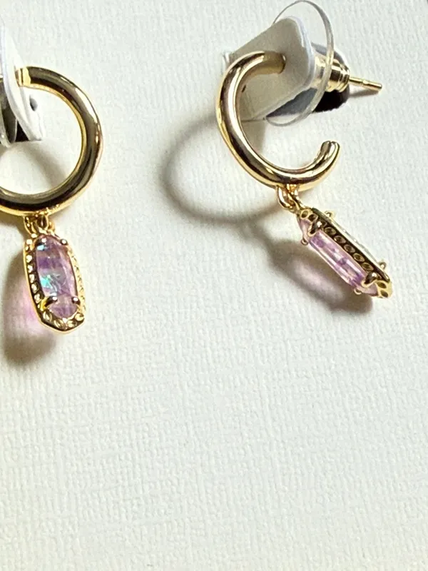 Kendra Scott Eva Pendant Gold Pink Opal Necklace Emma Huggie Earring Set New - Image 7
