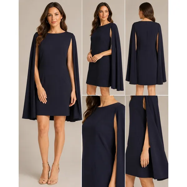 Maggy London Navy Blue‎ Cape Sheath Cocktail Dress Boat Neck Mini NEW - Image 2