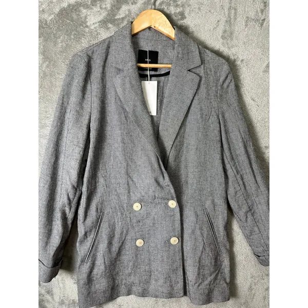 MNG Mango Linen Double Breasted Blazer Minimalist Coastal Chic Black White S New - Image 3