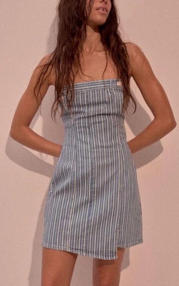 Strapless Denim Striped Mini Dress - Image 2