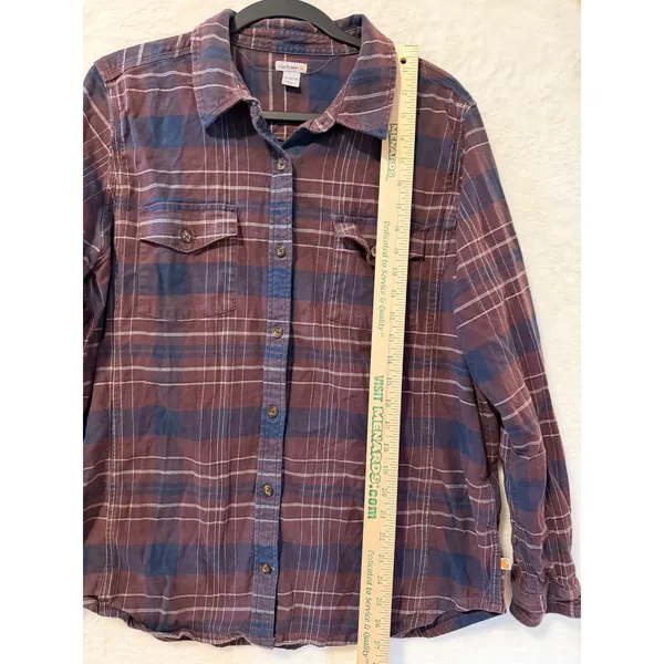 Carhartt Flannel Shirt Womens XL Maroon Navy Blue Plaid Button Down Long Sleeve - Image 3