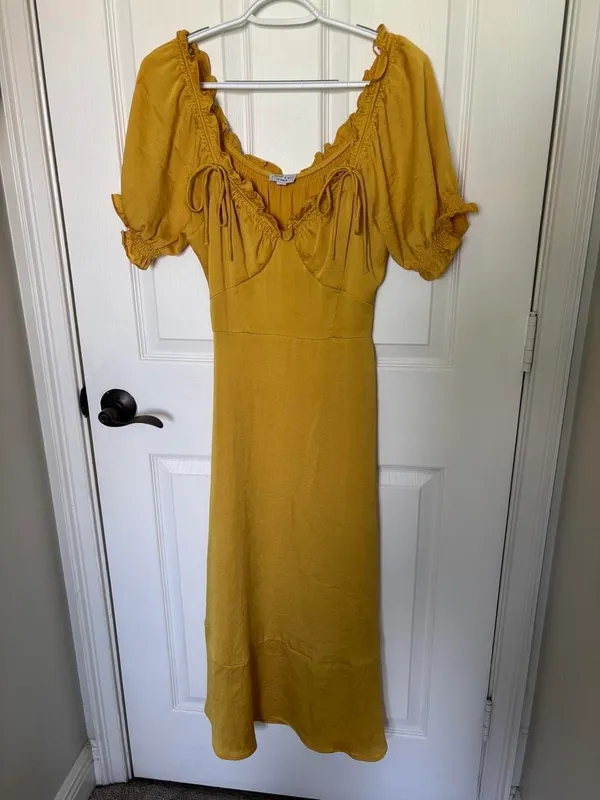 Current Air Anthropologie yellow midi dress with ruffle sleeves and tie detail, size S - Image 2