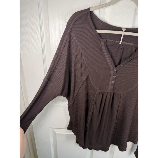 Free People Small Leo Henley Waffle Flow Tunic Brown Y2K Babydoll - Image 3