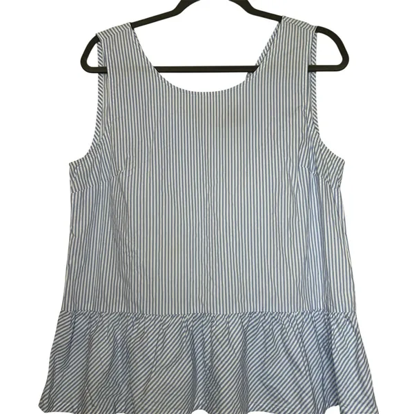 J. Crew Woman's Size Medium‎ Peplum Top Blue White Stripe Bow Detail Cotton - Image 3