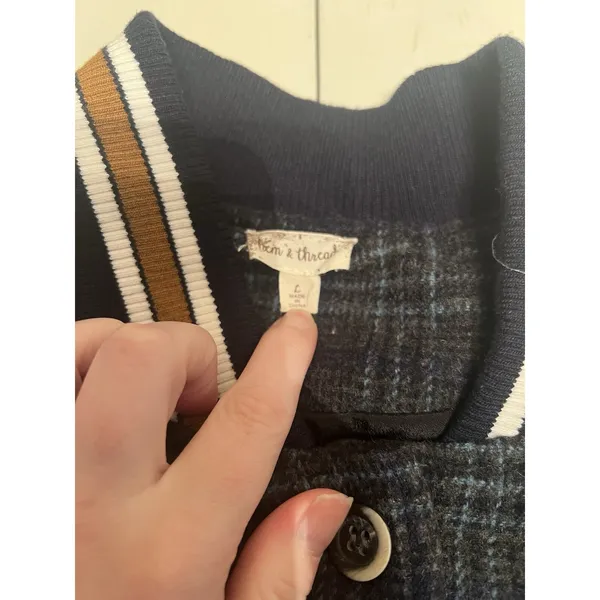 Hem & Thread‎ Womens Plaid Floral Embroidered Varsity Bomber Jacket Grey Navy L - Image 3