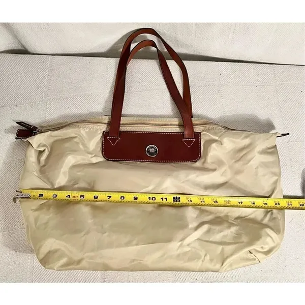 Dooney & Bourke Beige Nylon W/ Brown Leather Strap Zip Top Travel Bag - Image 9