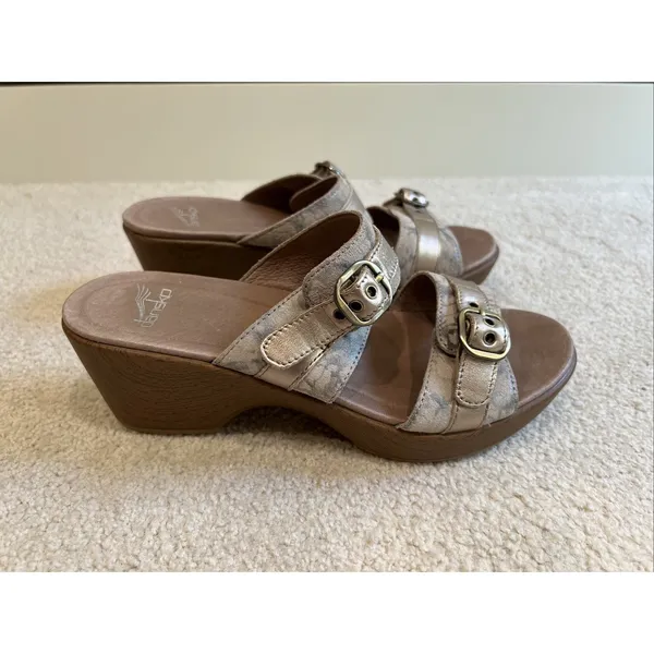 Dansko Jessie Sandals Double Strap Clogs Size 39‎ US 8.5 9 Gold & Beige Marbled - Image 2