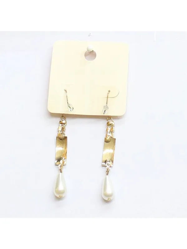 NWT Melody Fashion Dangly Rhinestone Faux Pearl Drop Earrings Gold Yellow 2.75" - Image 2