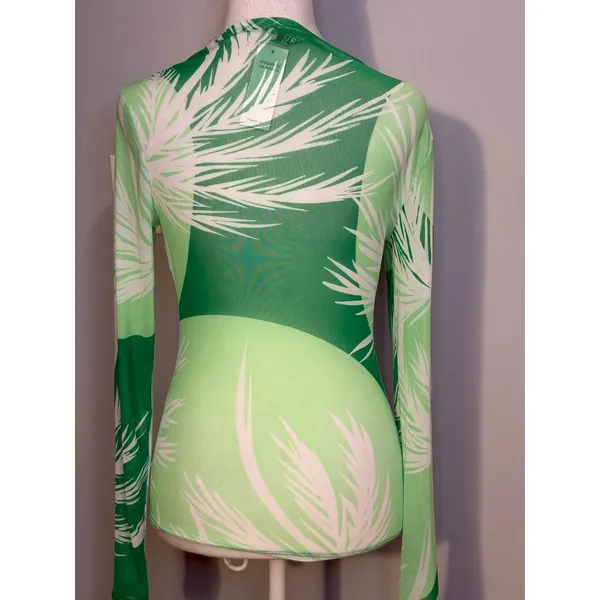 AFRM Green Tropical Palm Print Mesh Long Sleeve‎ Top Small NEW - Image 3