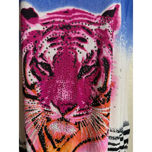 Womens M/L Tunic‎ Top Blouse Blue Pink Tiger Rhinestone Zebra Ombre Graphic - Image 6