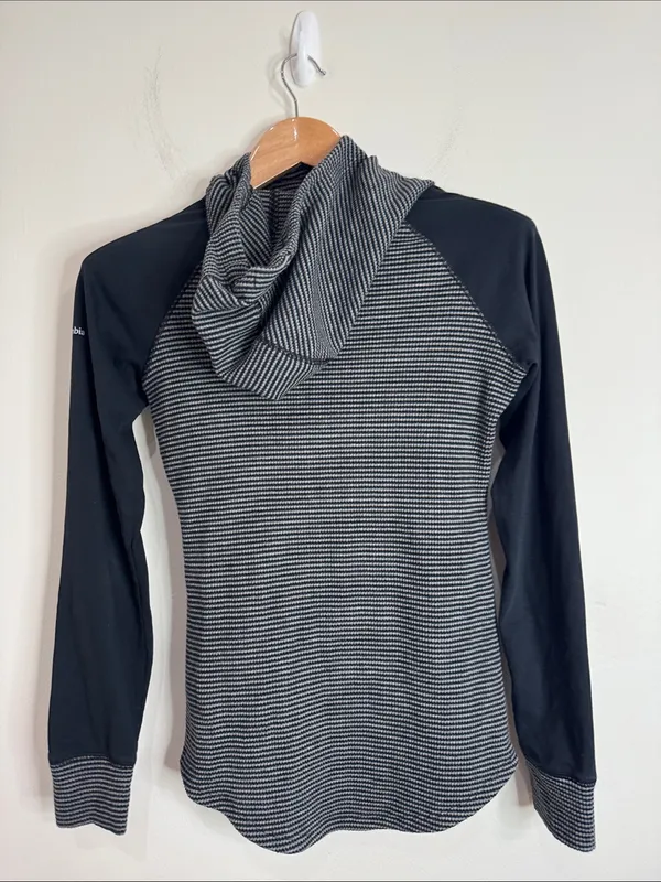 Columbia Black & Gray Striped Hooded High Neck Drawstring Rib Longsleeve Top S - Image 2