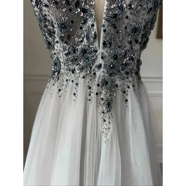 Dave & Johnny Grey Navy Blue Beaded Prom Dress Formal Ball Gown $438 0 - Image 6