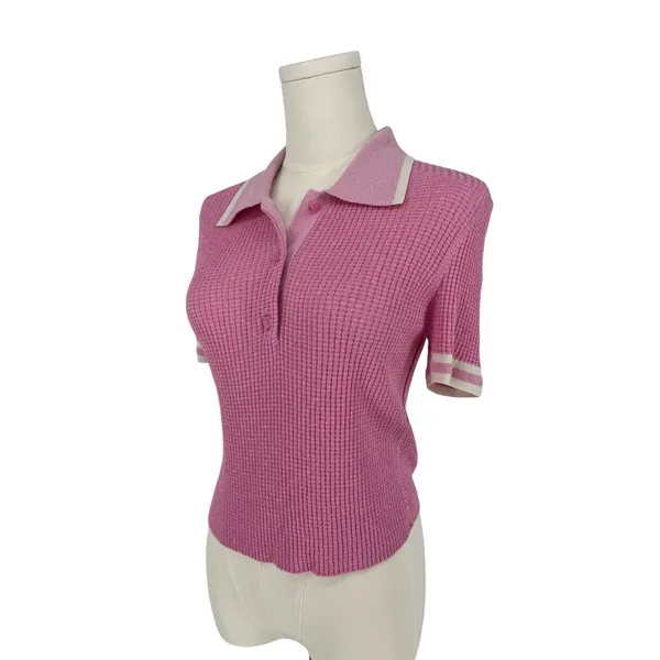 Jonathan Simkhai Whitten Pink Ribbed Knit Cropped Polo Top Size M - Image 6