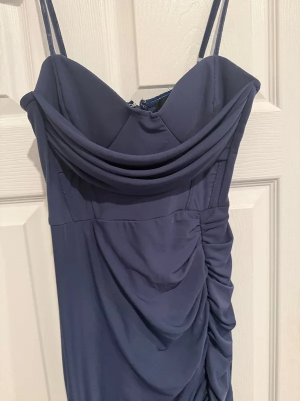 Lulus Flirty Composure Slate Blue Mesh Cowl Bustier Ruched Maxi Dress Small - Image 6