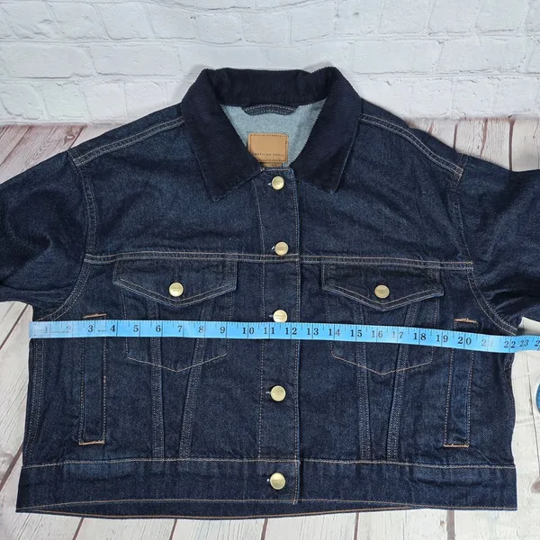 American Eagle‎ Womens Denim Jacket Dark Wash Corduroy Collar Cropped Size L - Image 8