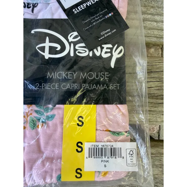 Disney Mickey Mouse 2 Piece Capri Pajama Set Pink Floral Leaf Print Size Small - Image 2