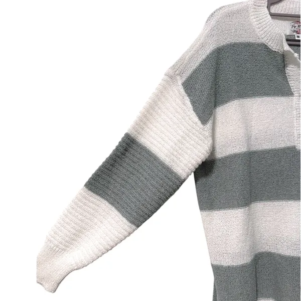 Top Notch‎ Henley Sweater Sage Green White Striped Casual Knit Womens Size M - Image 4