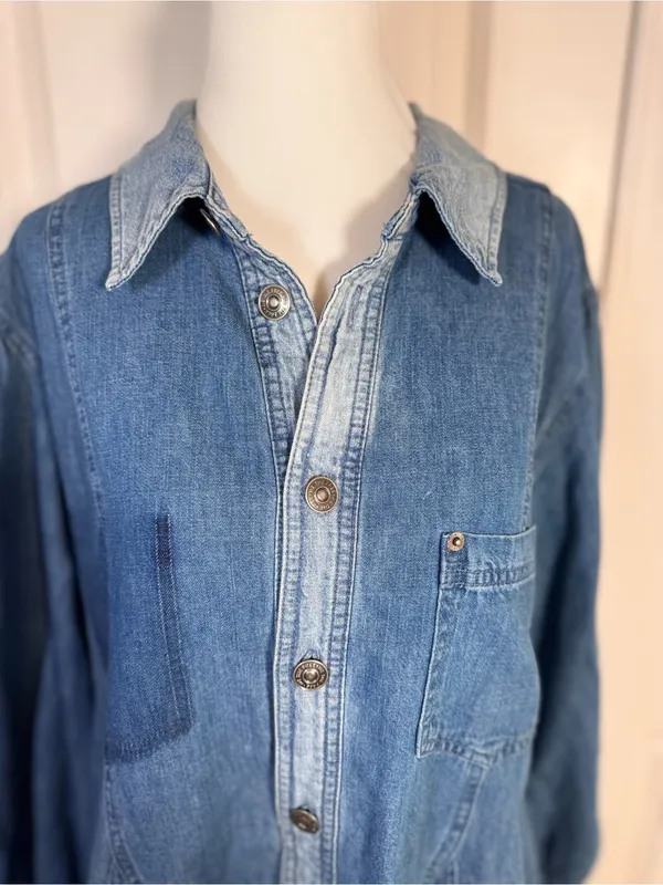 Free People Get Free Denim Mini Dress S Godet Swing Puff Sleeve Pockets Cotton - Image 2