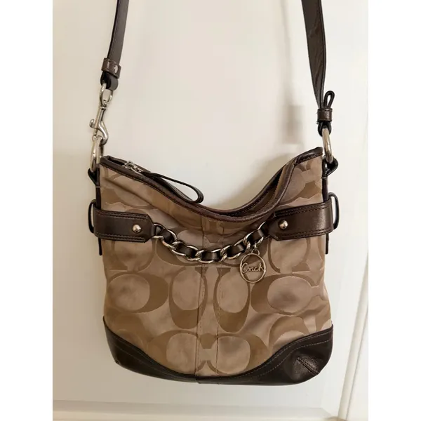 Coach Signature Optic Metallic Chain Duffel Crossbody Bag Monogram Brown - Image 2