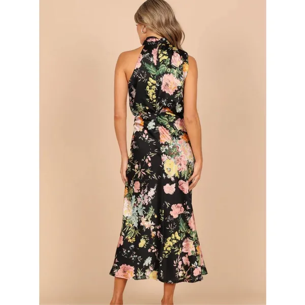 Petal & Pup Black Floral Halter Midi Dress with Pink and Yellow Blooms - Image 2