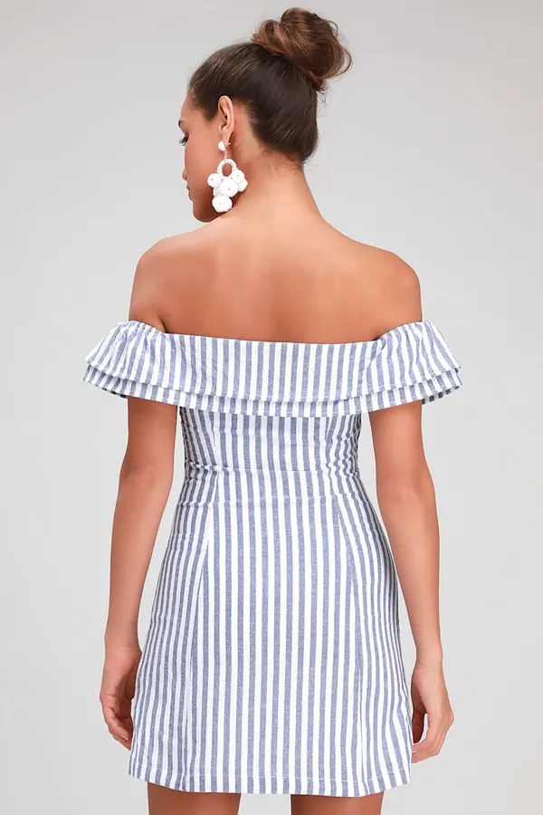 New Lulus Seaside Skipper Blue Striped Off-the-Shoulder Mini Dress - Image 3