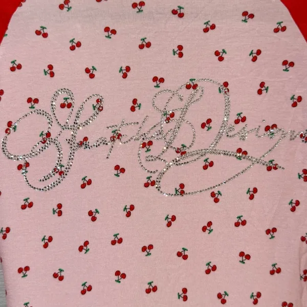 Pink Red Cherry Print Rhinestone Raglan Baseball Tee Small - Image 4