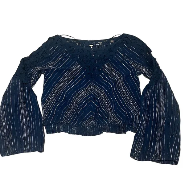 Free People Women's Navy Striped Blouse V-Neck Balloon Sleeve S - Image 6