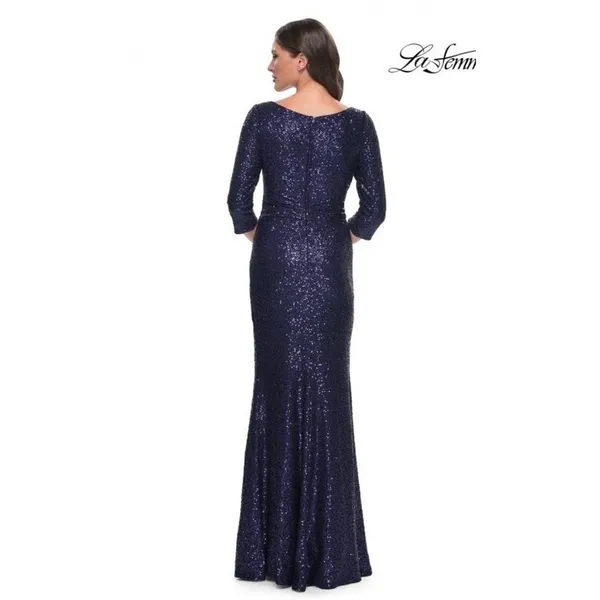 La Femme Navy Sequin Ruched V-Neck Evening Gown Dress Size 14 - Image 12