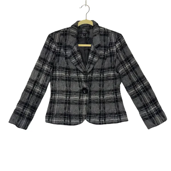 Tribal Womens Grey Black Plaid‎ Single Button Blazer Jacket Size 6 Professional - Image 2