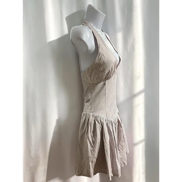 MORE TO COME Yolani Mini Dress XS NWOT Striped Halter Neck Pleated Skirt Revolve - Image 9