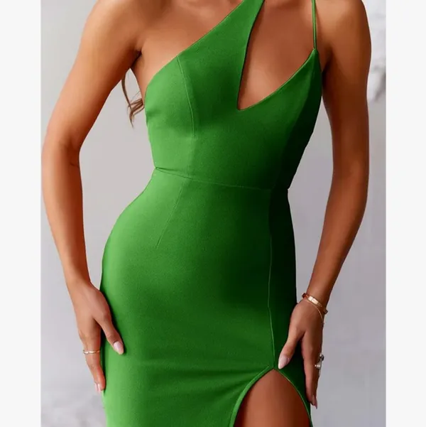 Asymmetric One shoulder Collar High Slit Stretch Slim Cocktail Midi Dre… - Image 4