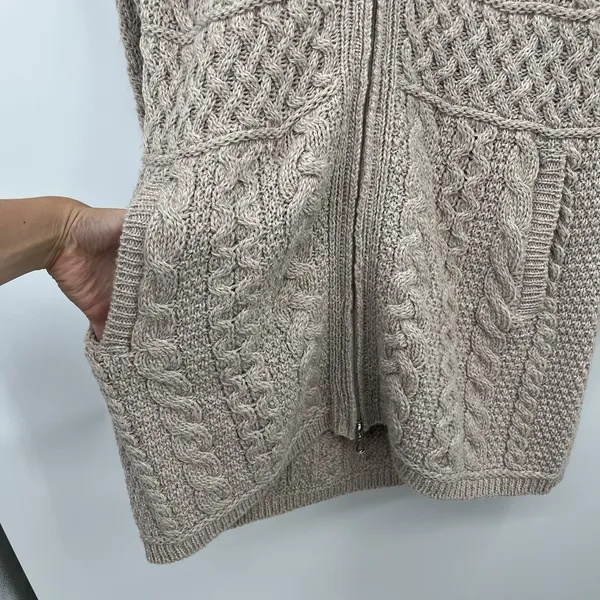 inis crafts merino 100% wool Sweater L Tan Long Full Zip Cable Knit Ireland Boho - Image 5